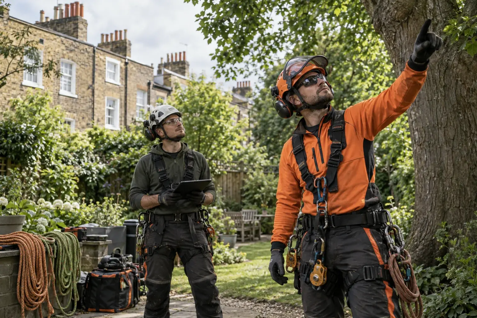 Arborists discussing tree care in a residential garden