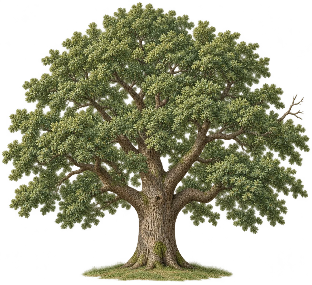 Mature oak showing its crown, branching structure, trunk and root flare
