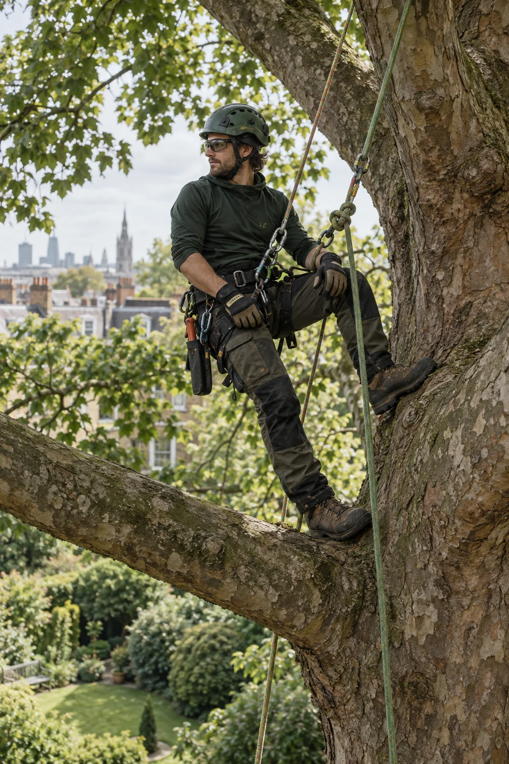 Secured arborist paused in a mature tree