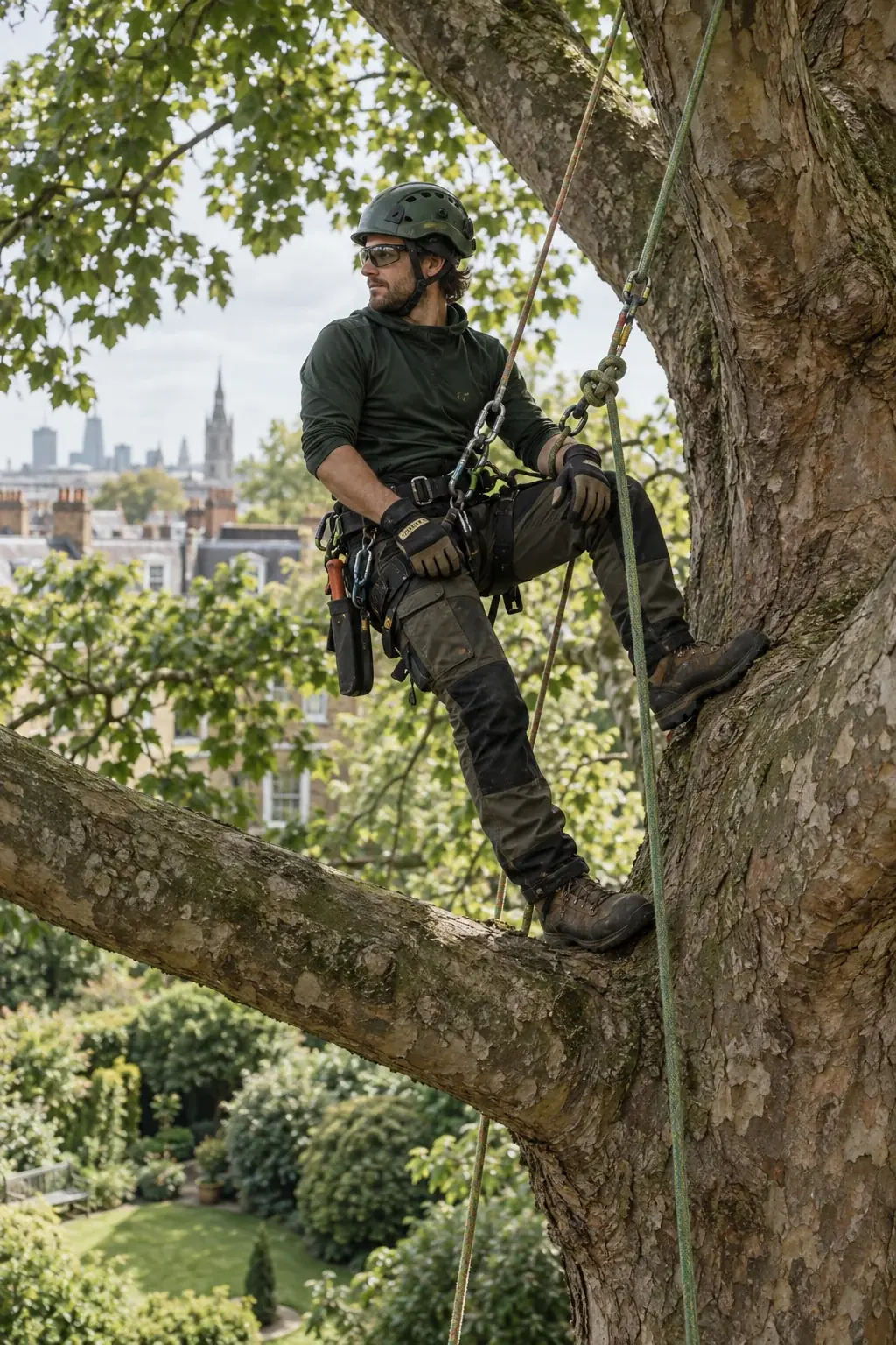 Secured arborist paused in a mature tree
