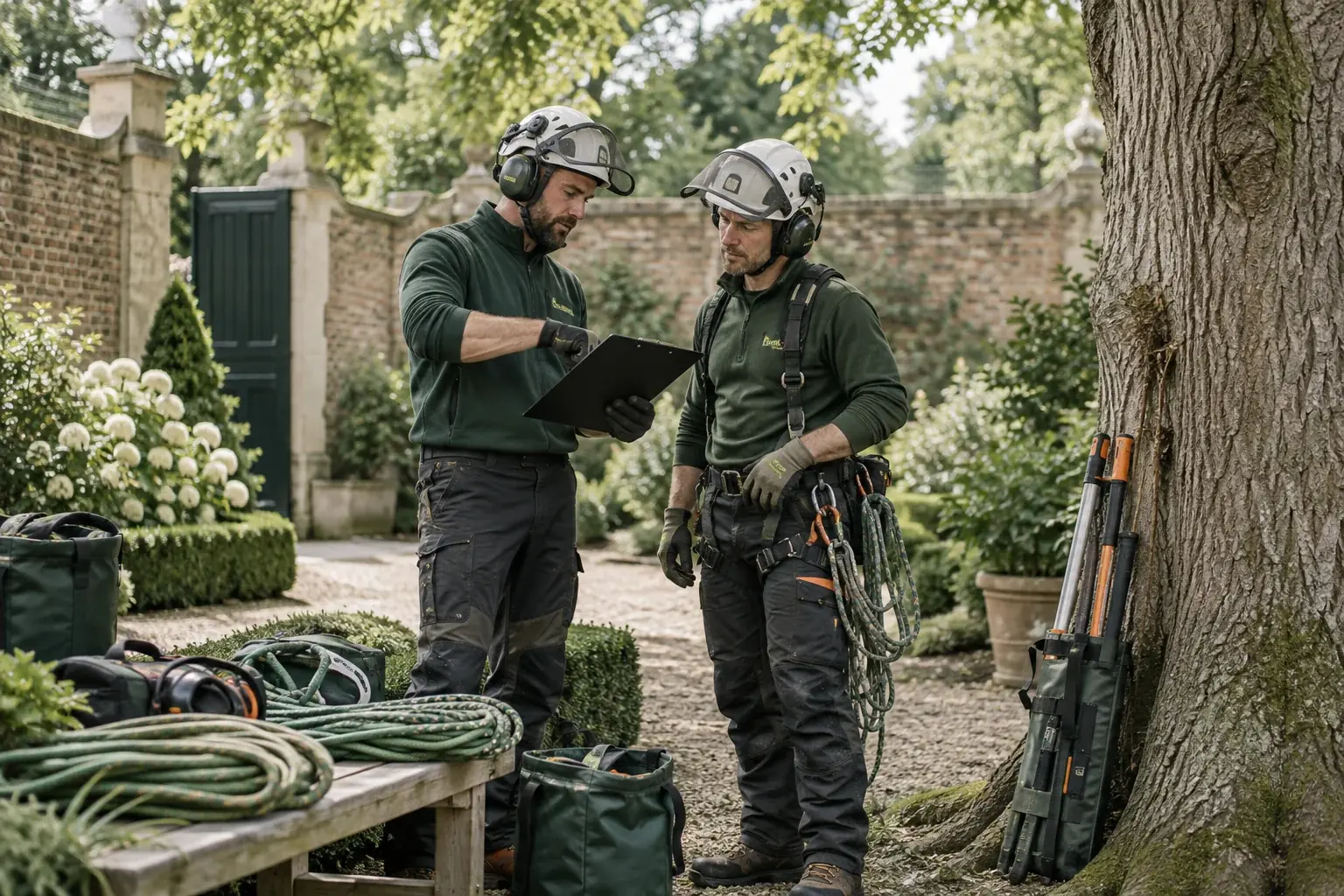 Two arborists preparing for work in a London garden