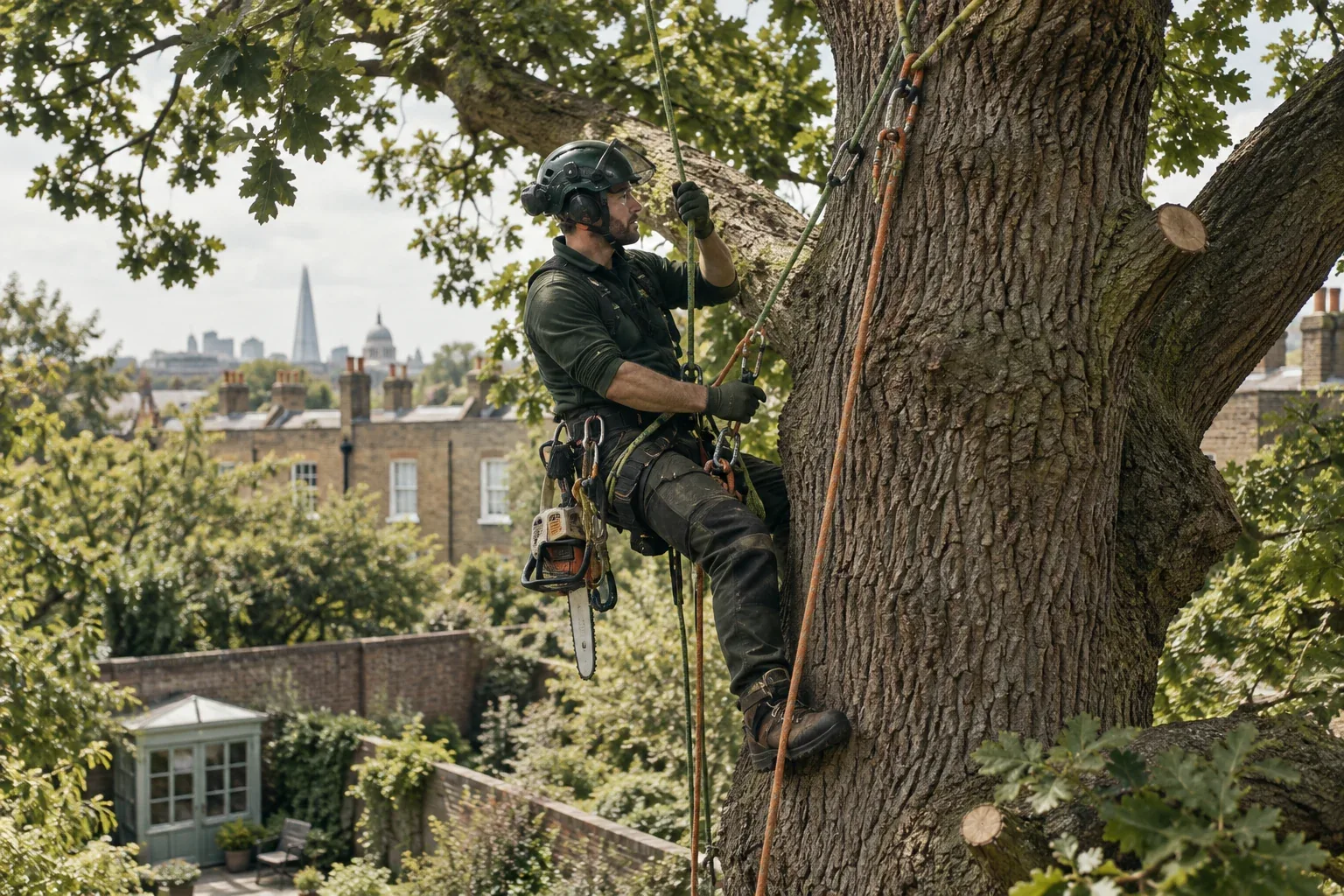Roped arborist preparing controlled tree work