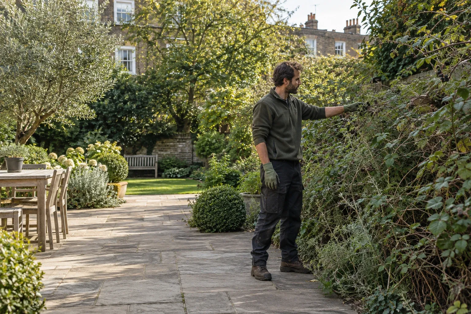 Gardener assessing overgrown garden boundaries