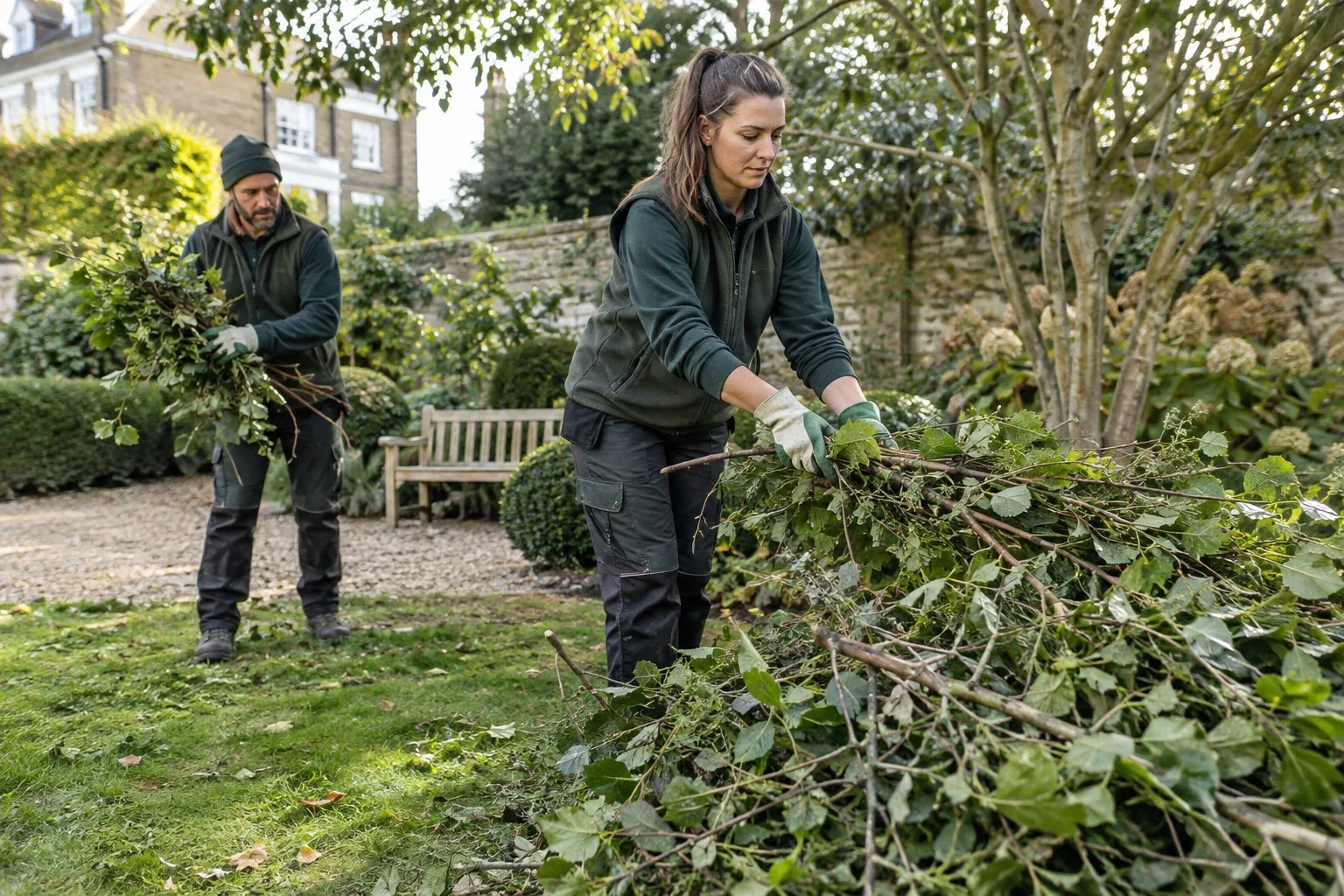 Garden clearance team gathering cut branches