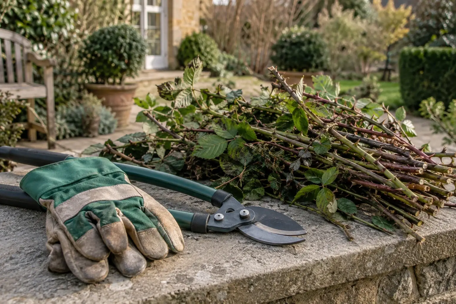 Protective gloves and loppers beside bundled cuttings