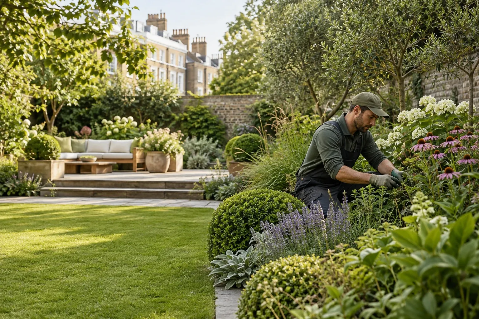 Gardener tending a mixed perennial border