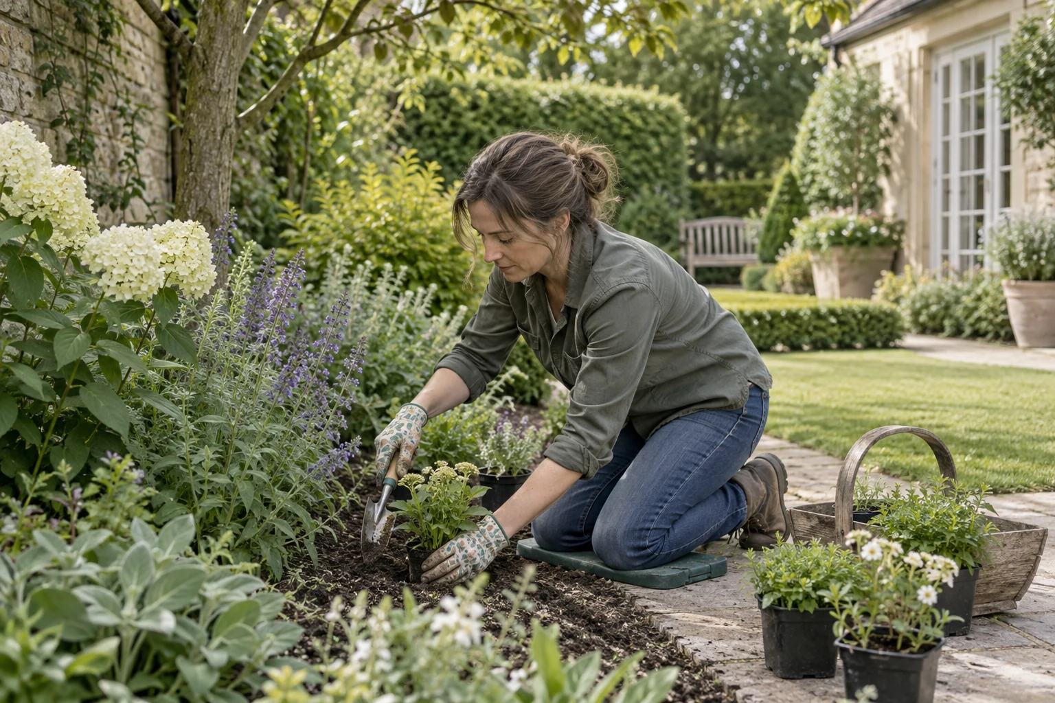 Gardener planting perennials beside an established border