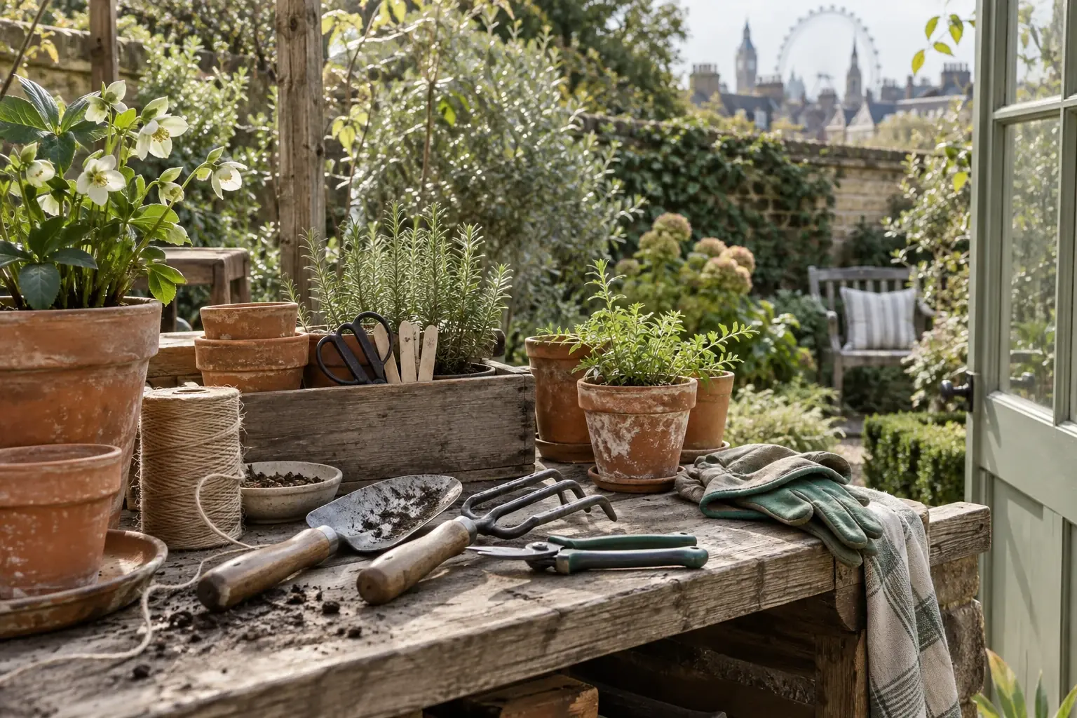 Gardening hand tools and pots on a timber bench