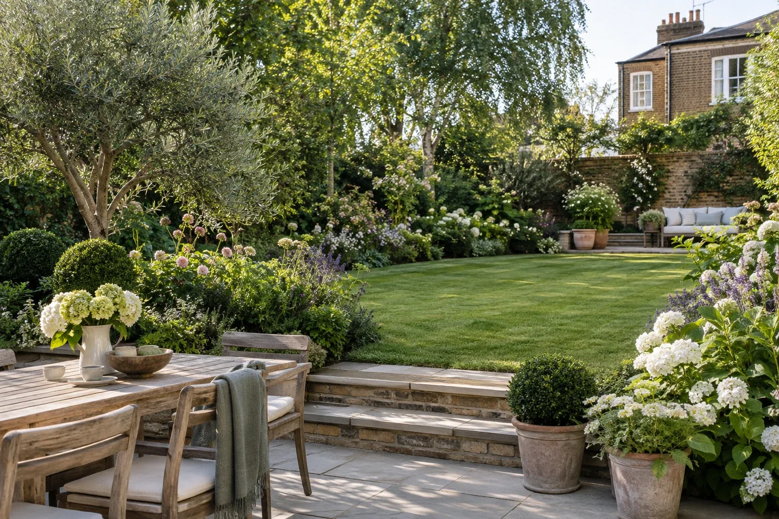 Maintained London garden with lawn and planted borders