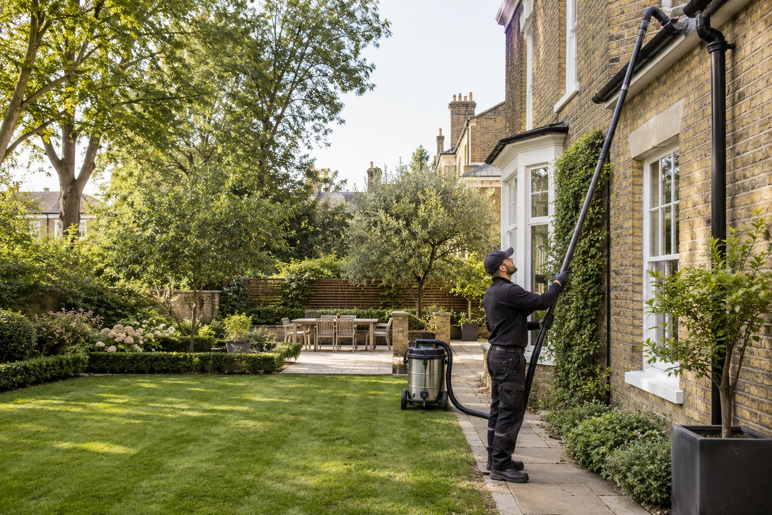 Ground-level gutter cleaning with a telescopic vacuum pole