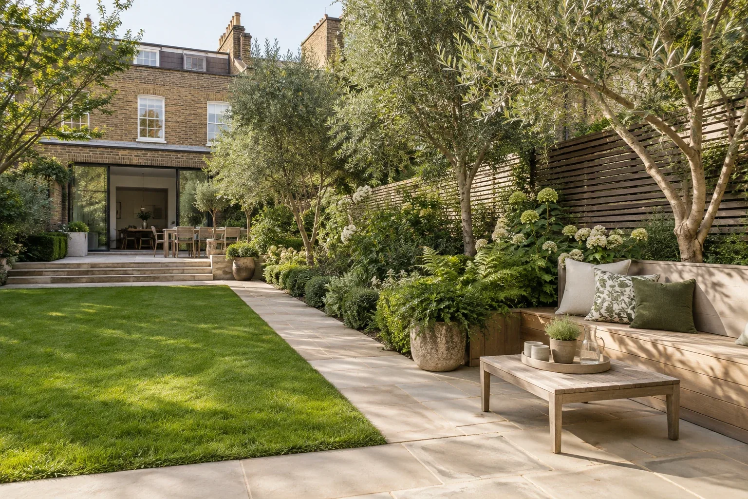 Landscaped garden with a stone path and timber seating