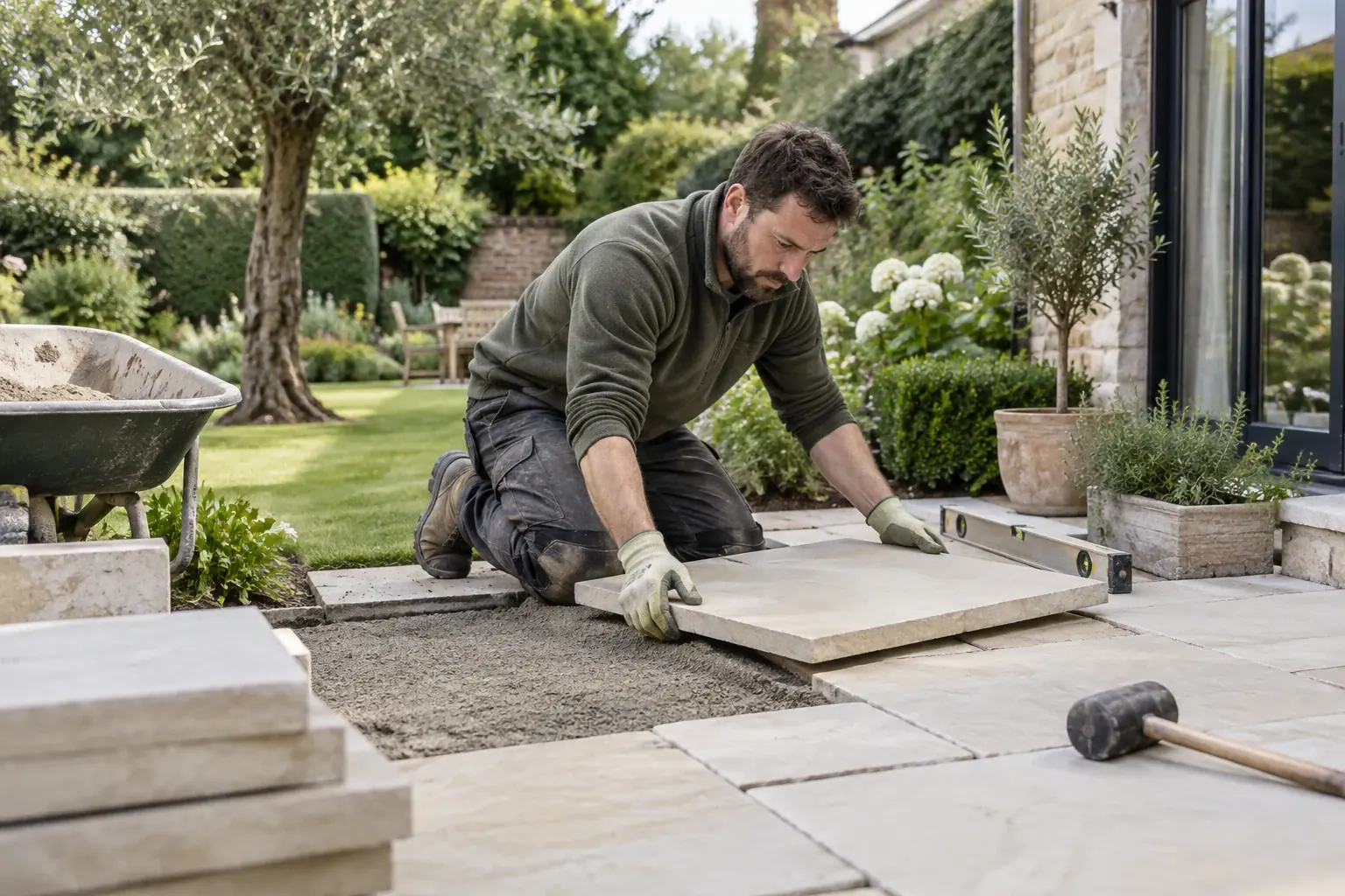 Landscape gardener positioning a paving slab