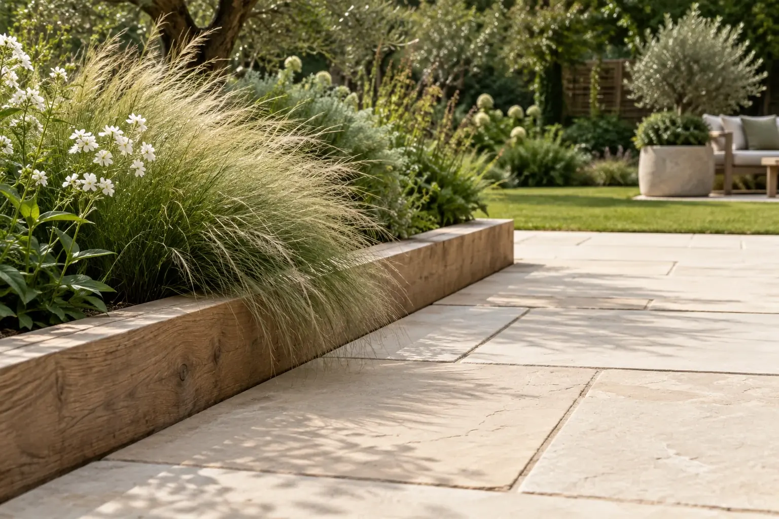 Natural stone paving beside timber edging and grasses