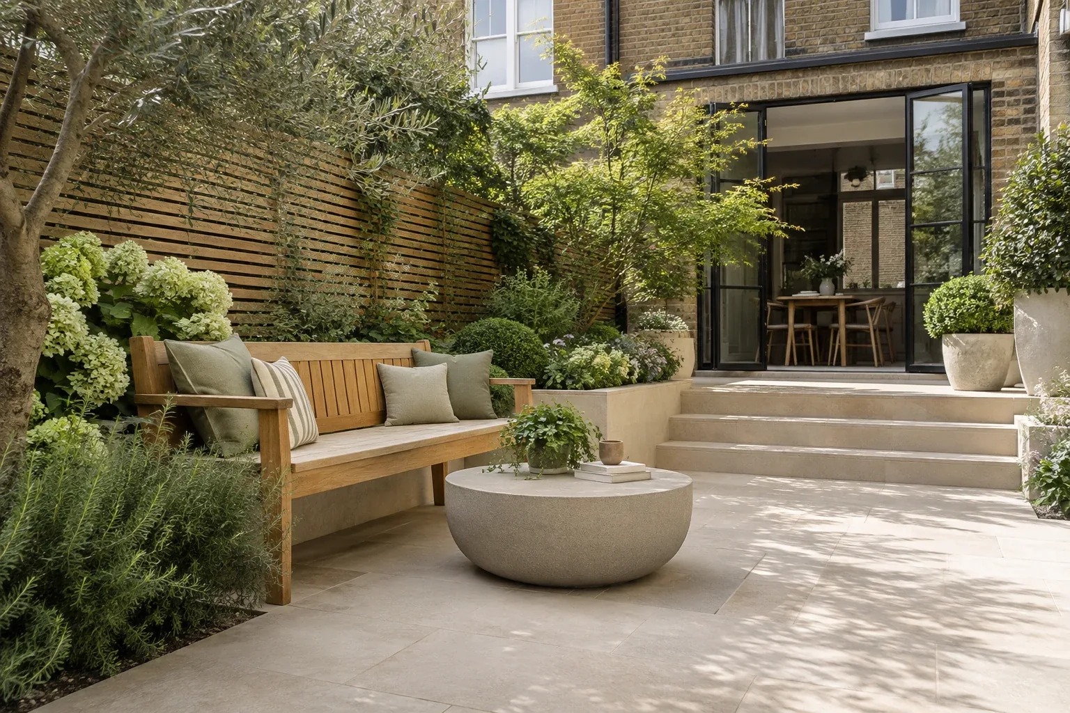 Contemporary courtyard with stone patio and oak seating