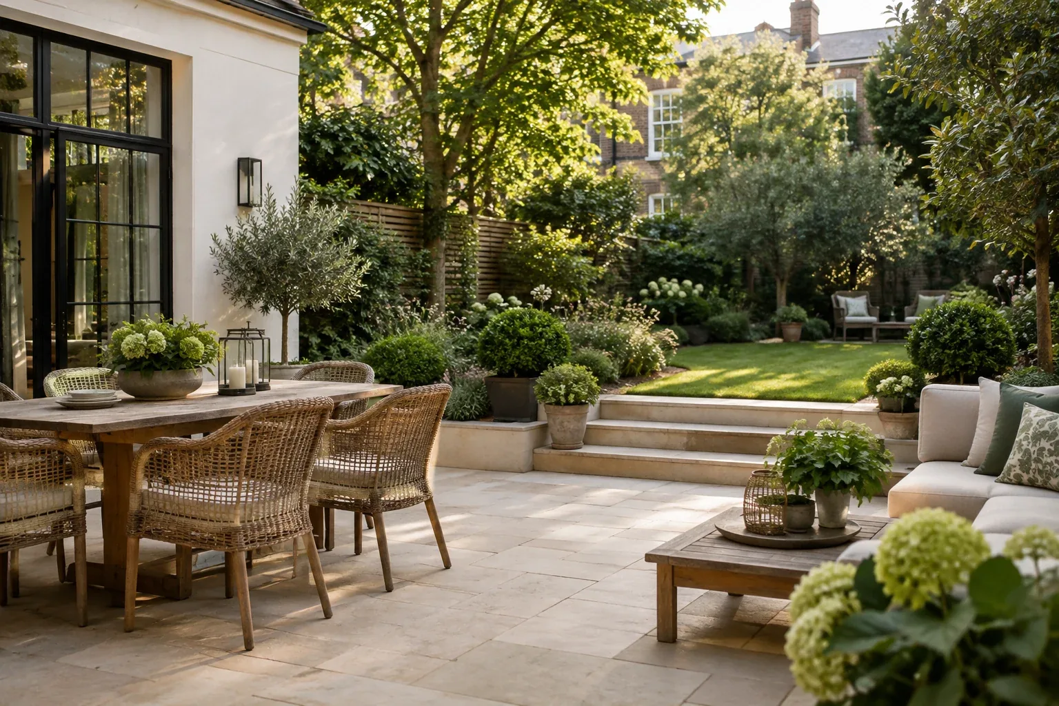 Clean stone patio with seating and lush planting