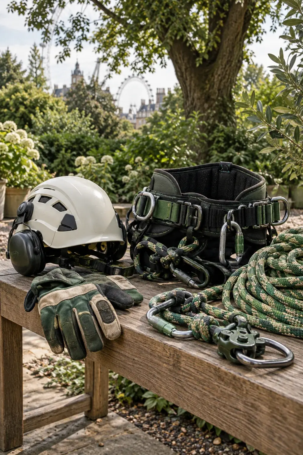 Helmet, climbing harness, gloves and ropes arranged on a bench