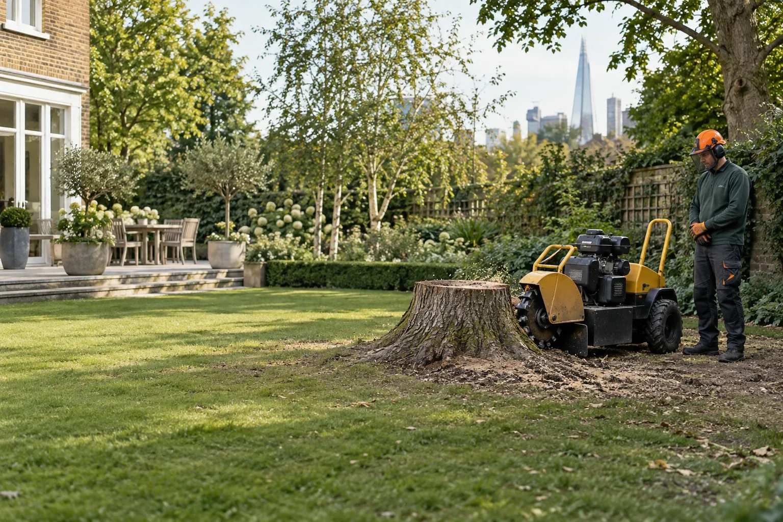 Stump grinder beside a stump with an operator standing clear