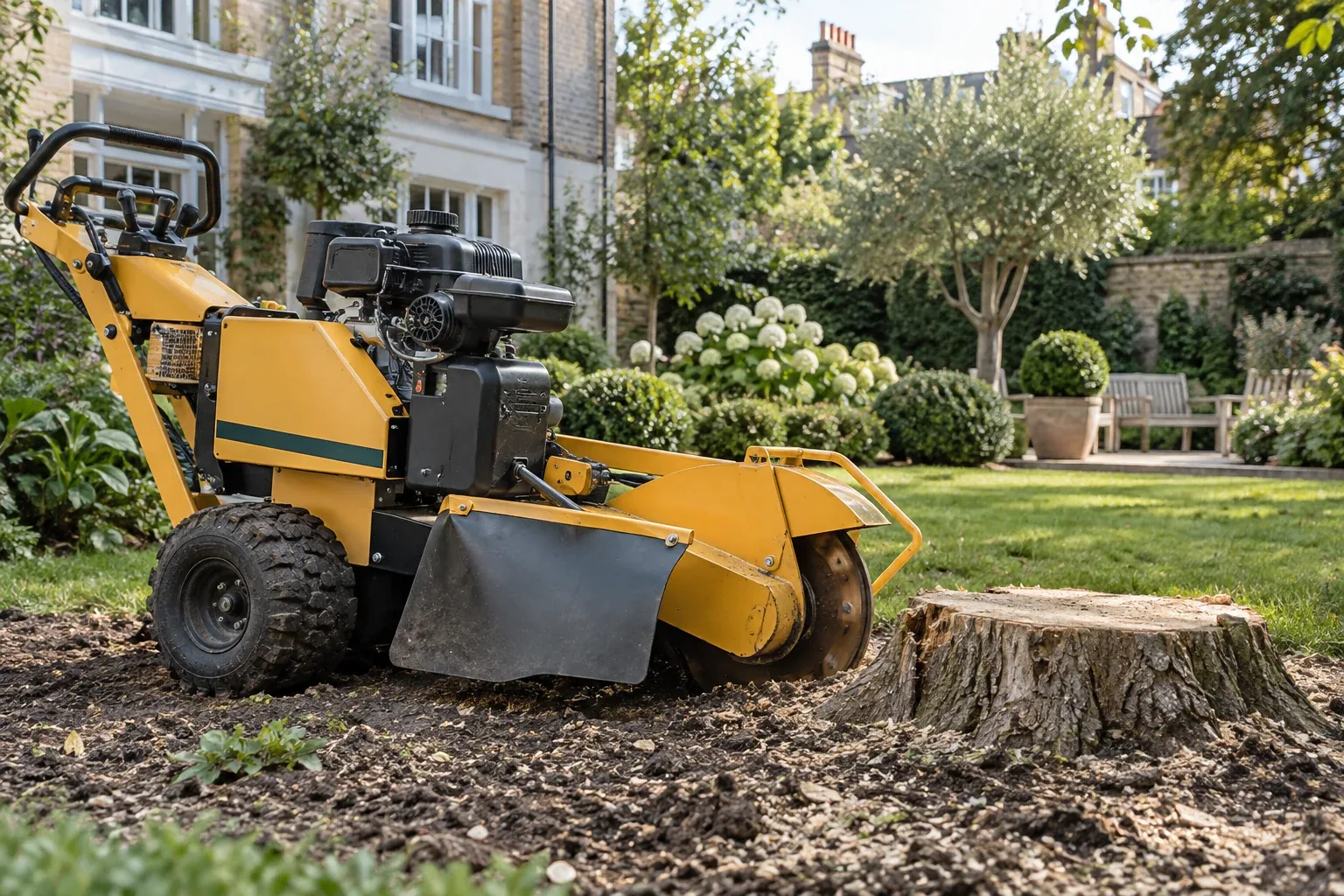 Stationary stump grinder positioned beside a tree stump