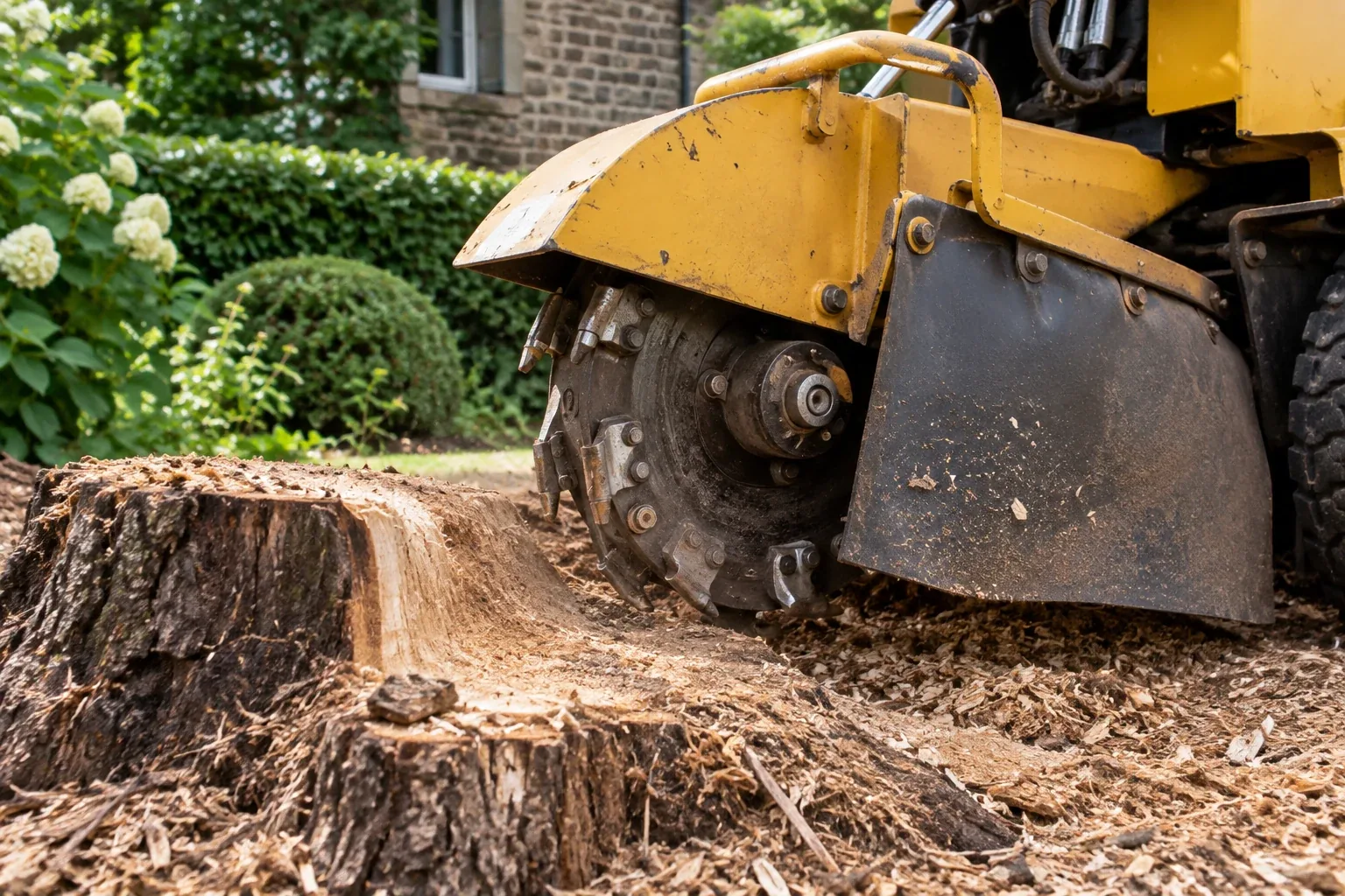 Stationary stump grinder cutting wheel and safety guard