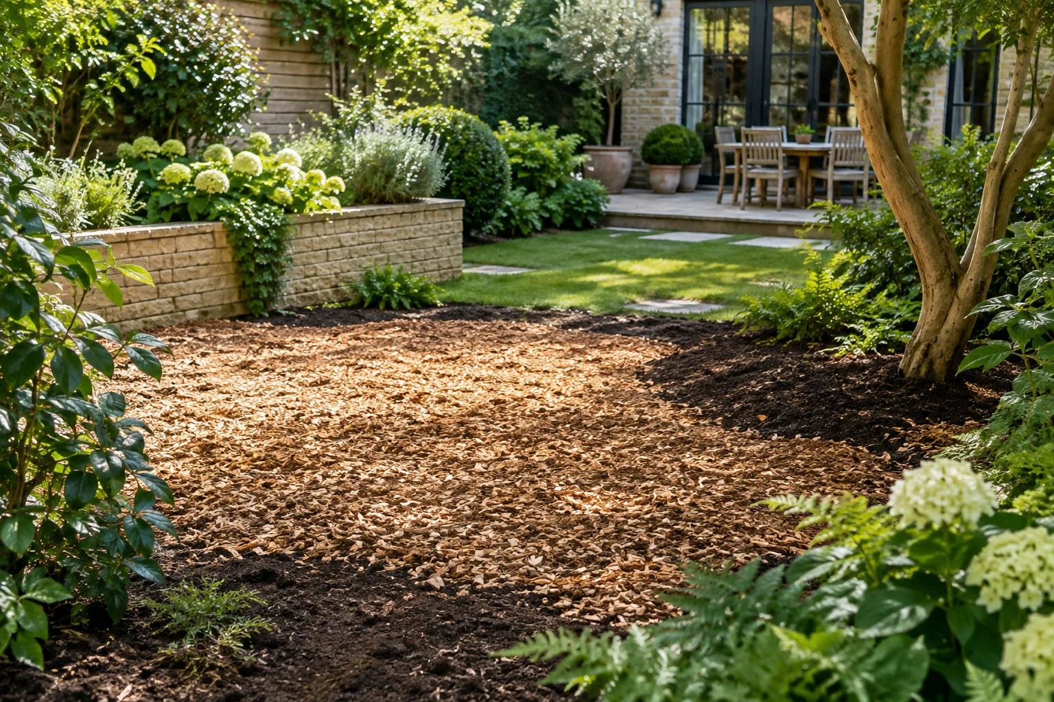 Woodchips and level ground in a garden