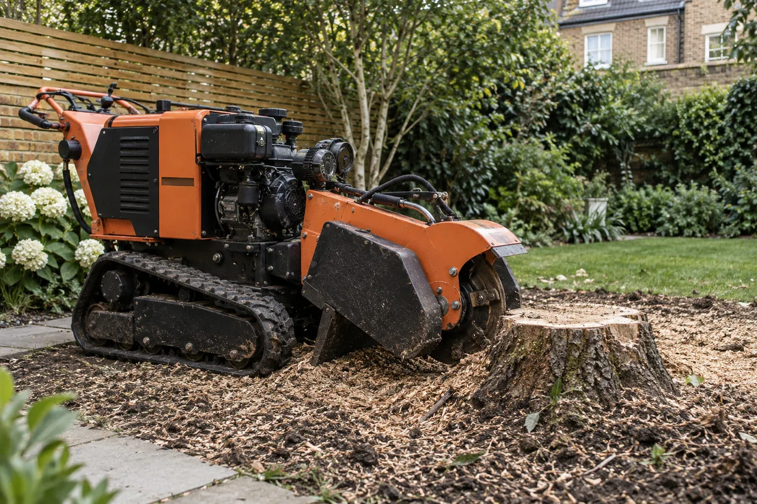 Parked stump grinder beside a garden stump