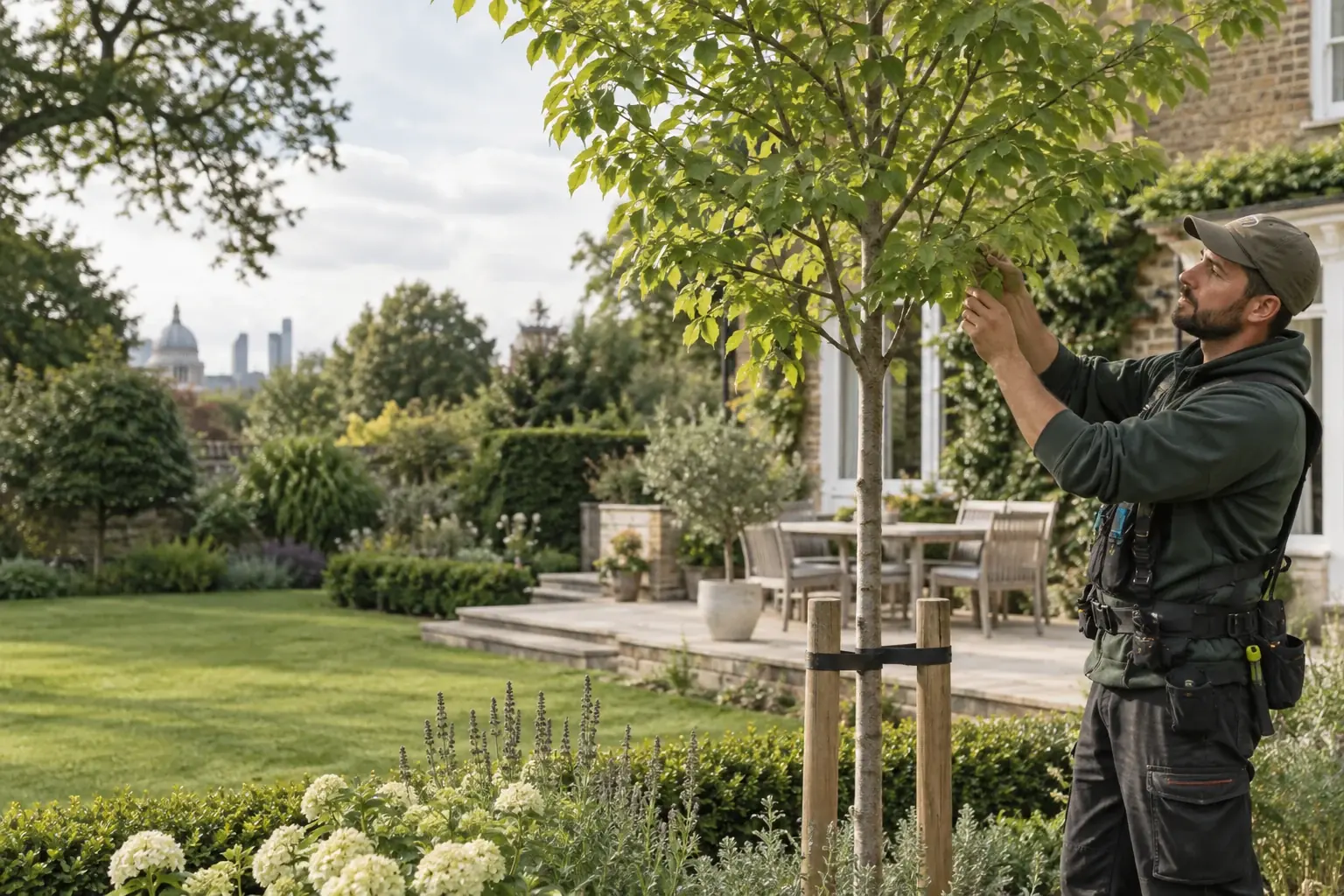Arborist inspecting the foliage of a young garden tree