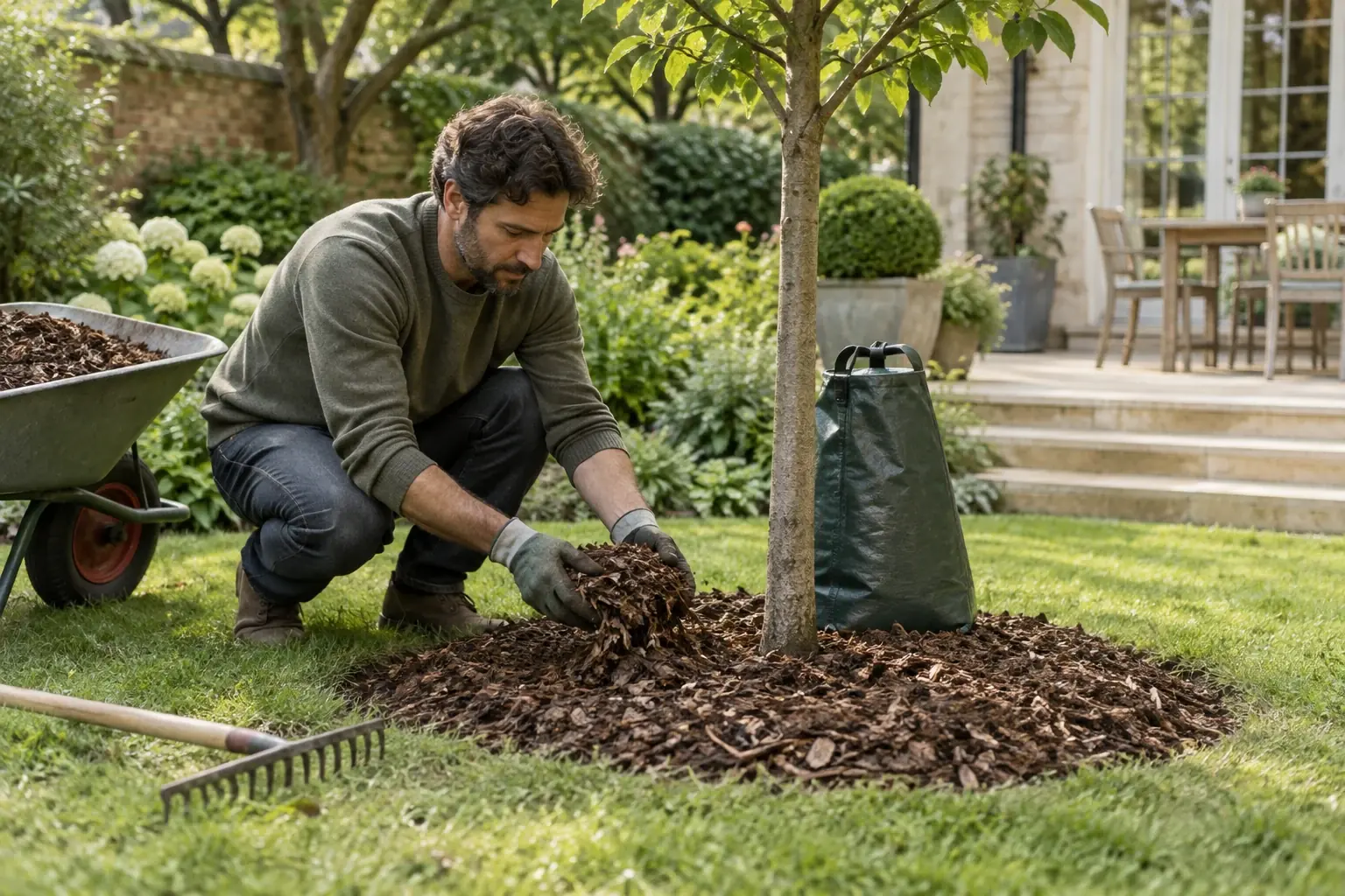 Gardener spreading mulch around a young tree