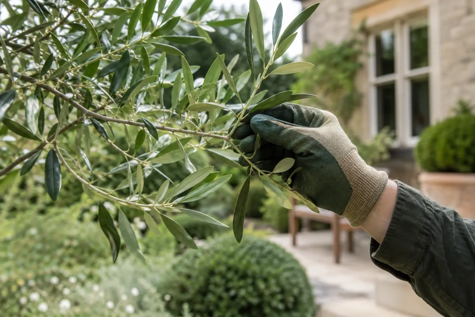 Healthy leaves being inspected by a gloved hand