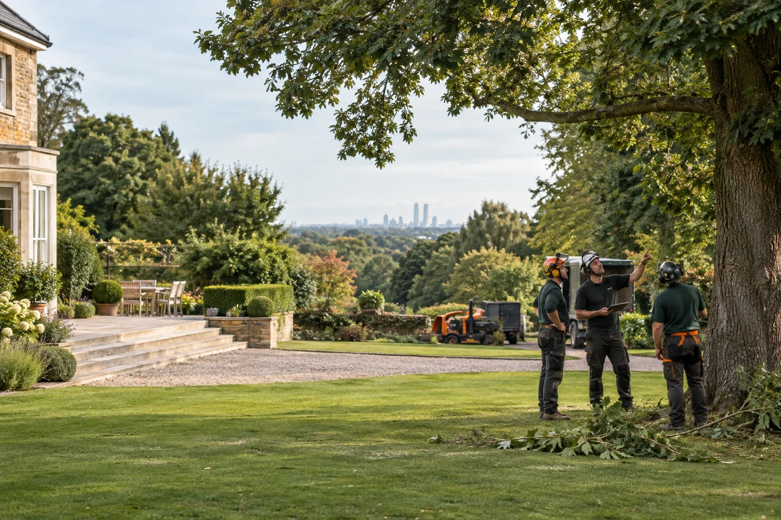 Arborists planning controlled tree removal in a garden