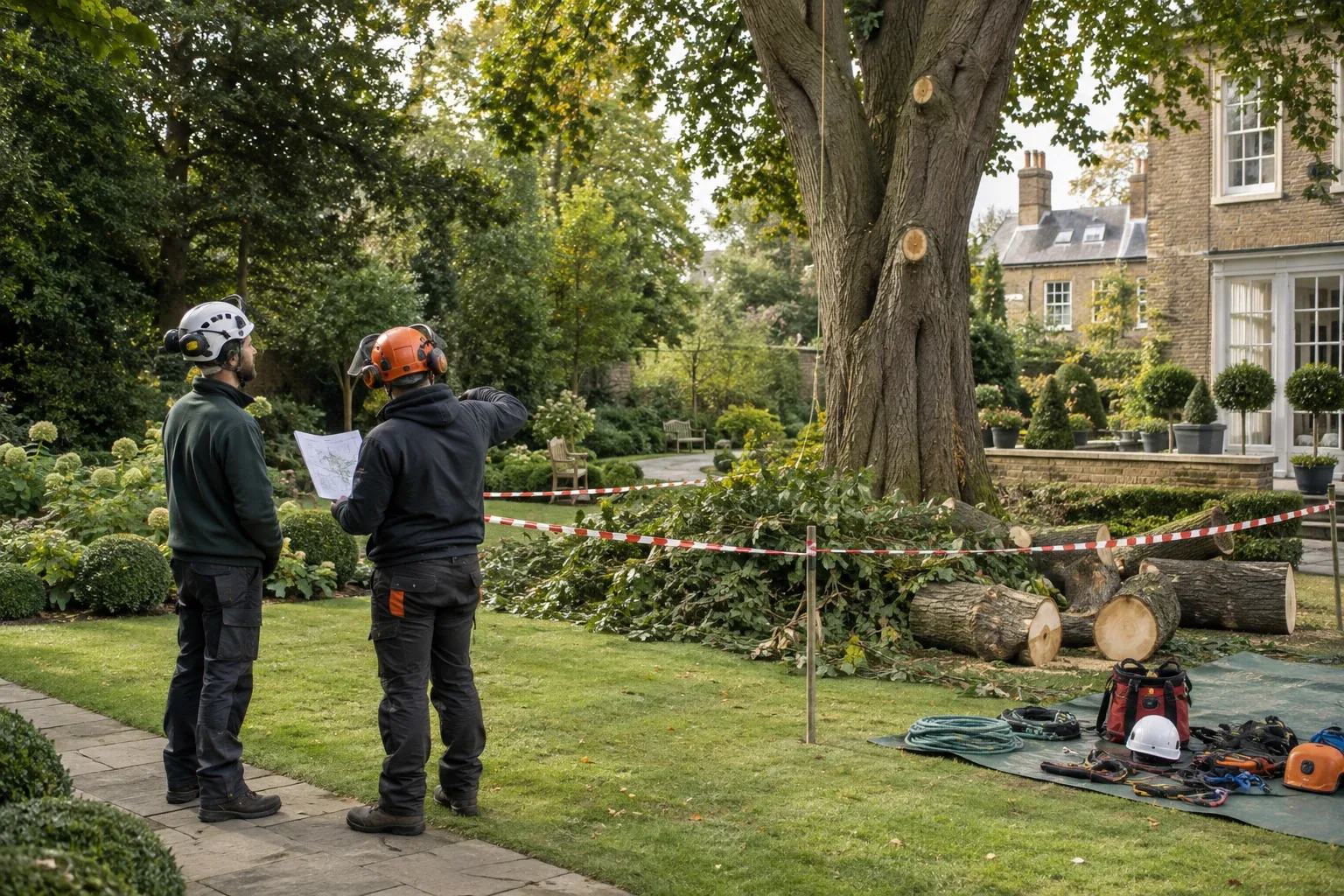 Prepared tree work area with a marked safety boundary