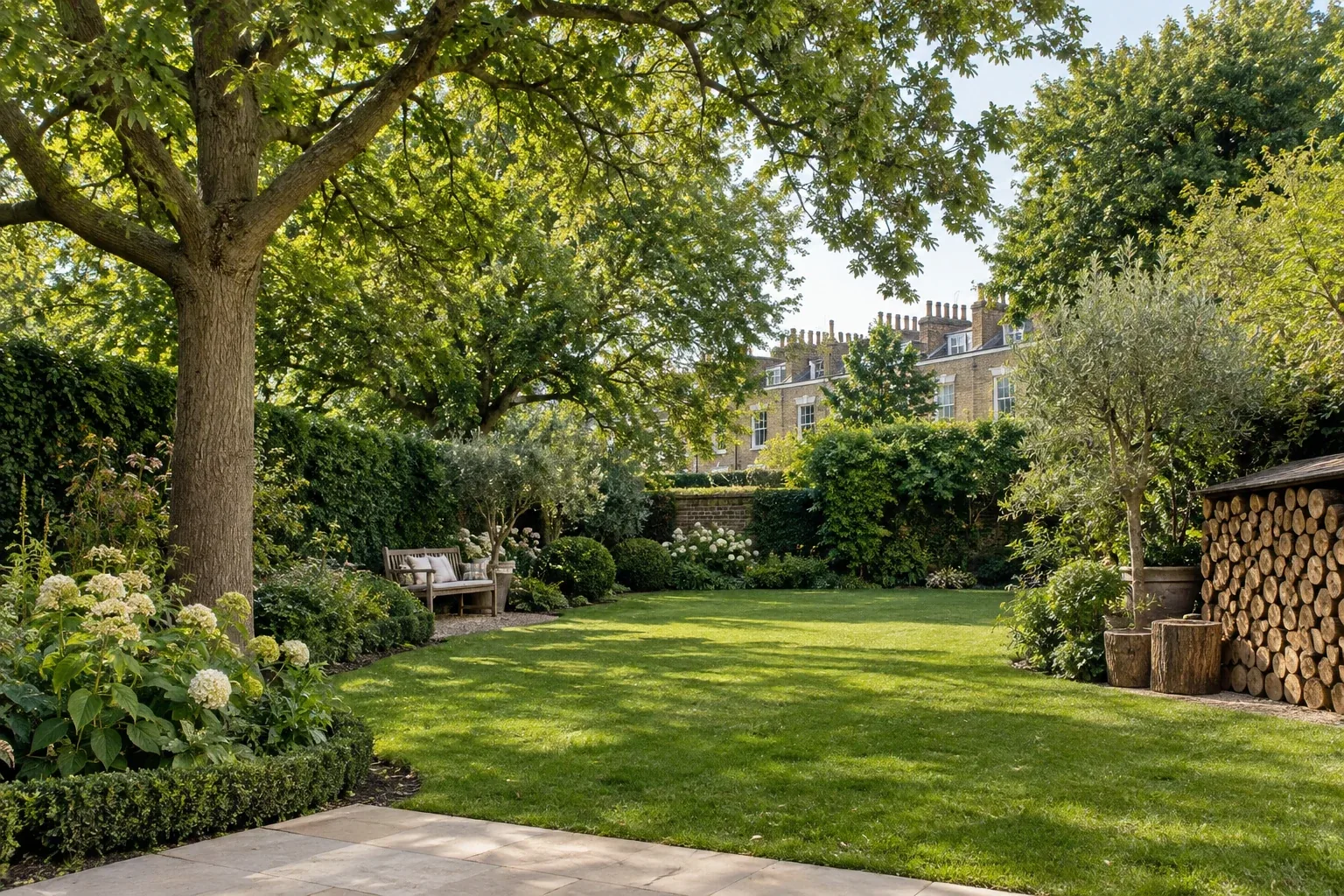 Open garden lawn with neatly stacked timber