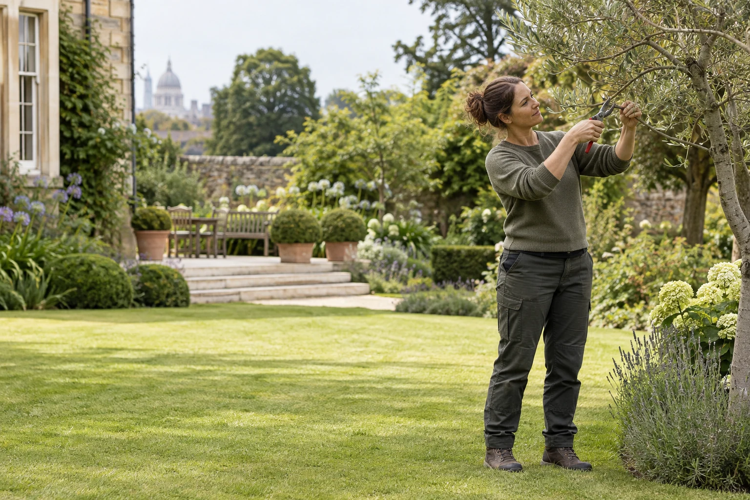 Gardener pruning a low ornamental tree branch