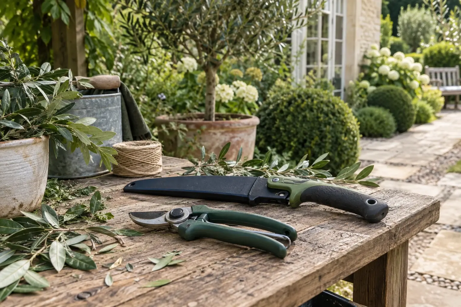 Secateurs and a protected pruning saw on a garden bench