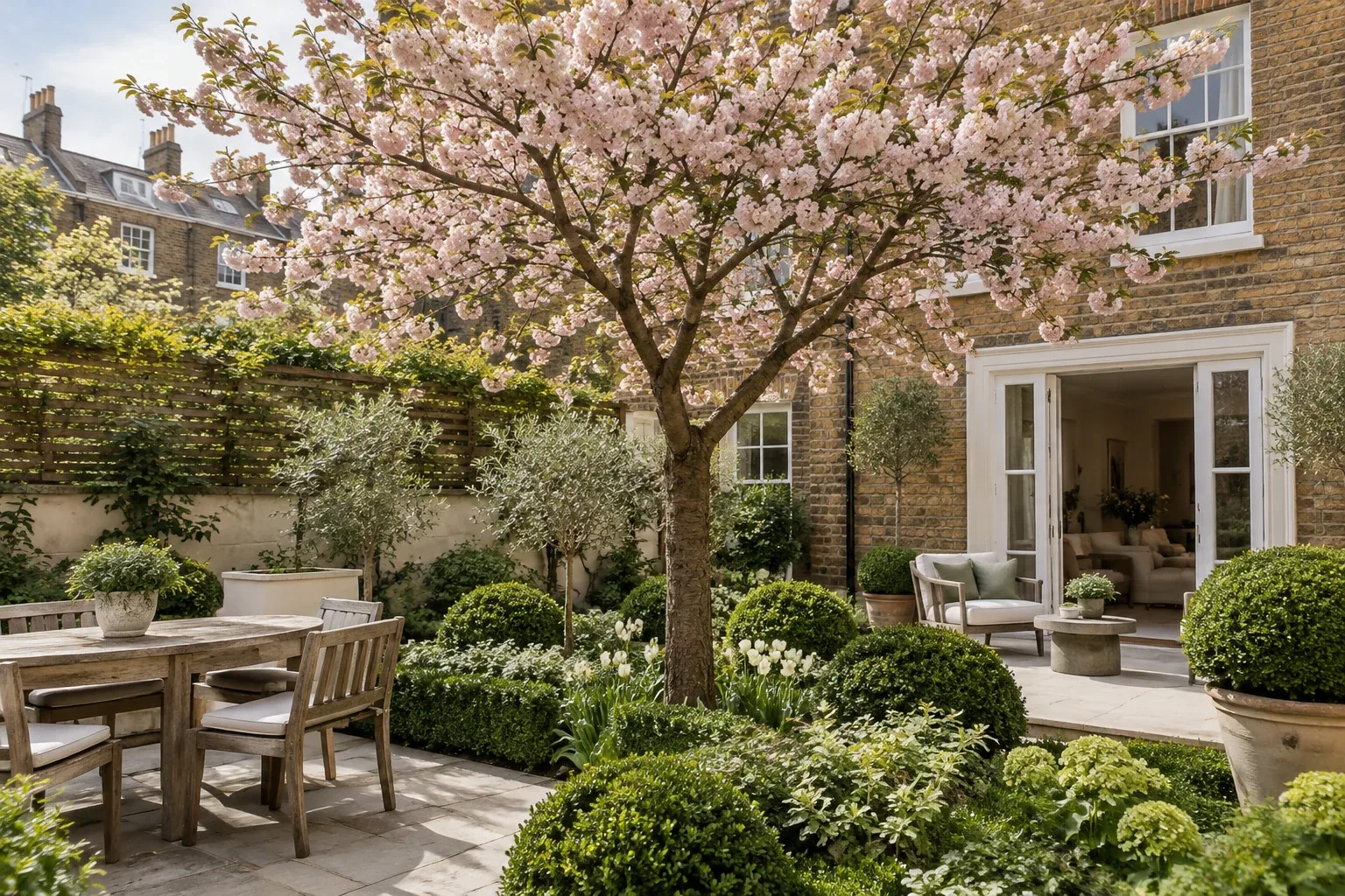 Shaped flowering cherry tree in a London courtyard
