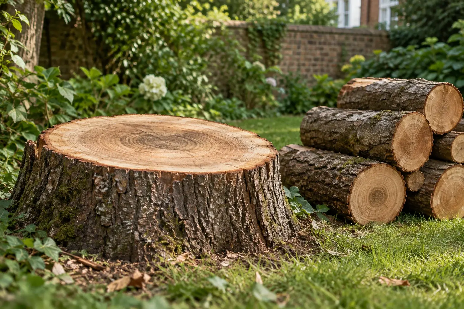 Low tree stump and neatly stacked logs in a garden