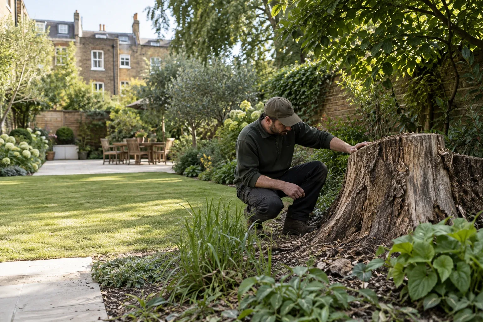 Worker assessing a large garden tree stump