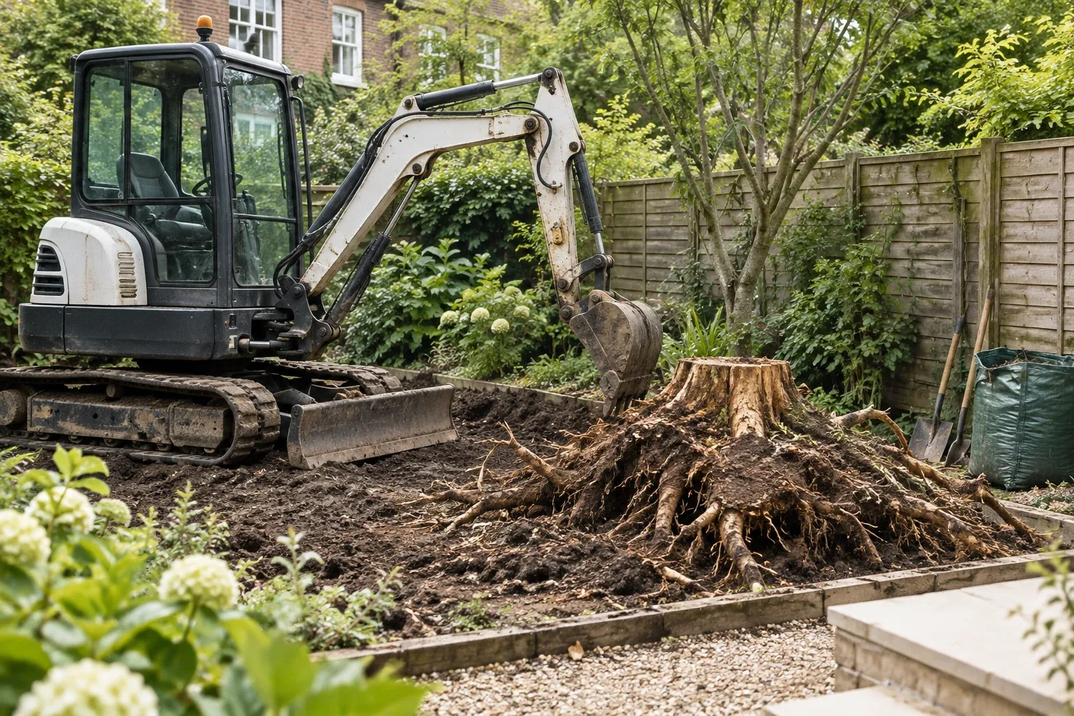 Parked excavator beside an exposed stump and roots