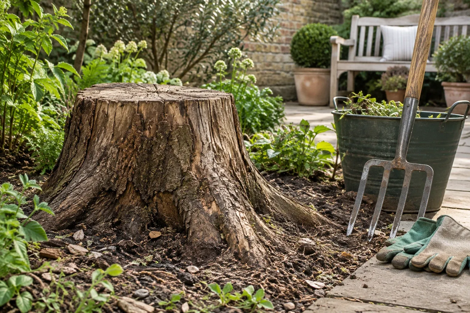 Weathered tree stump with garden tools nearby