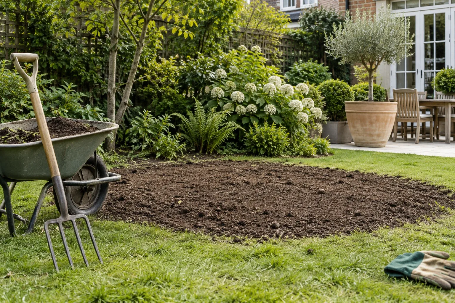 Level topsoil patch within a garden lawn