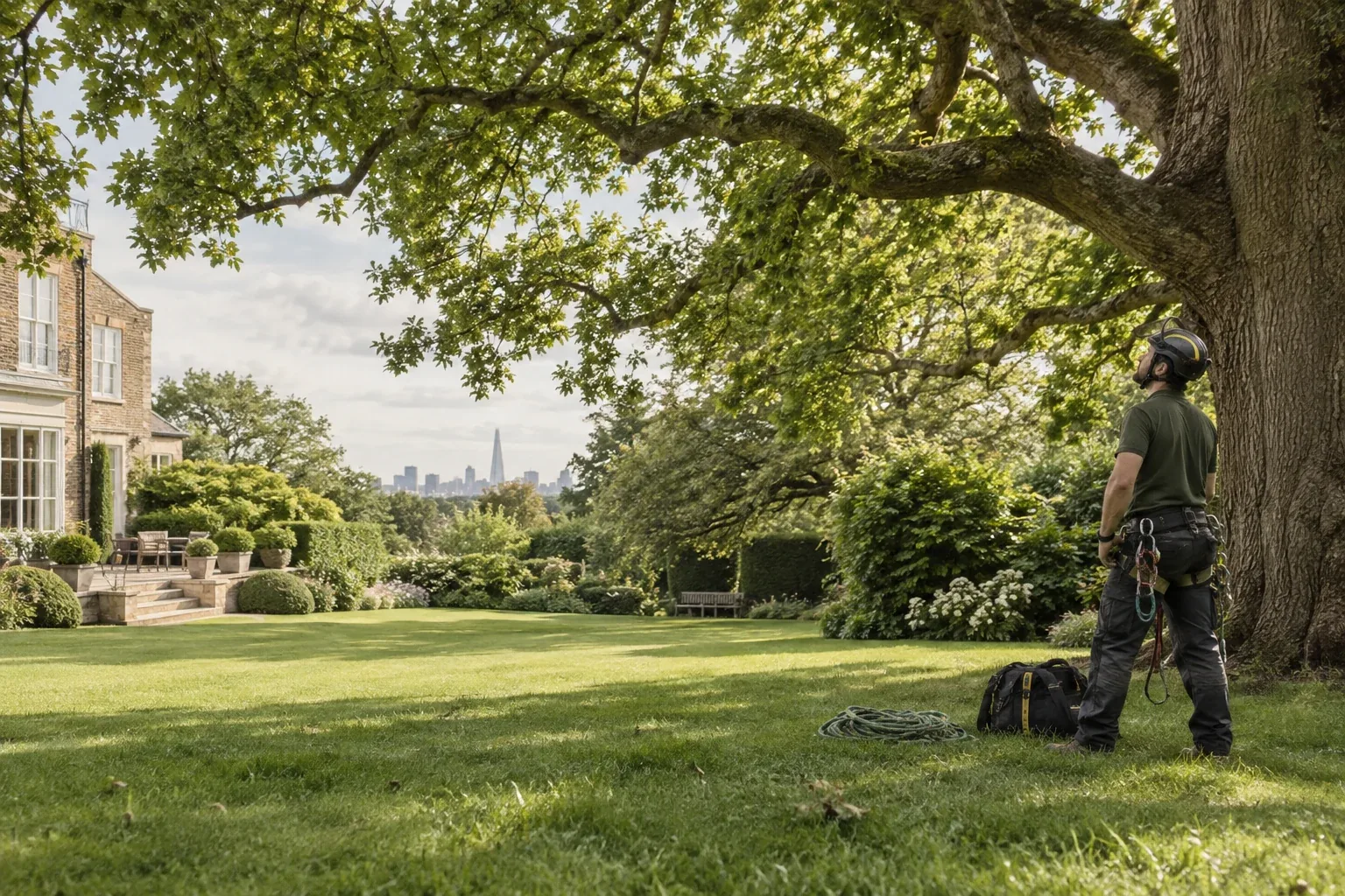 Arborist inspecting a mature oak in a London garden