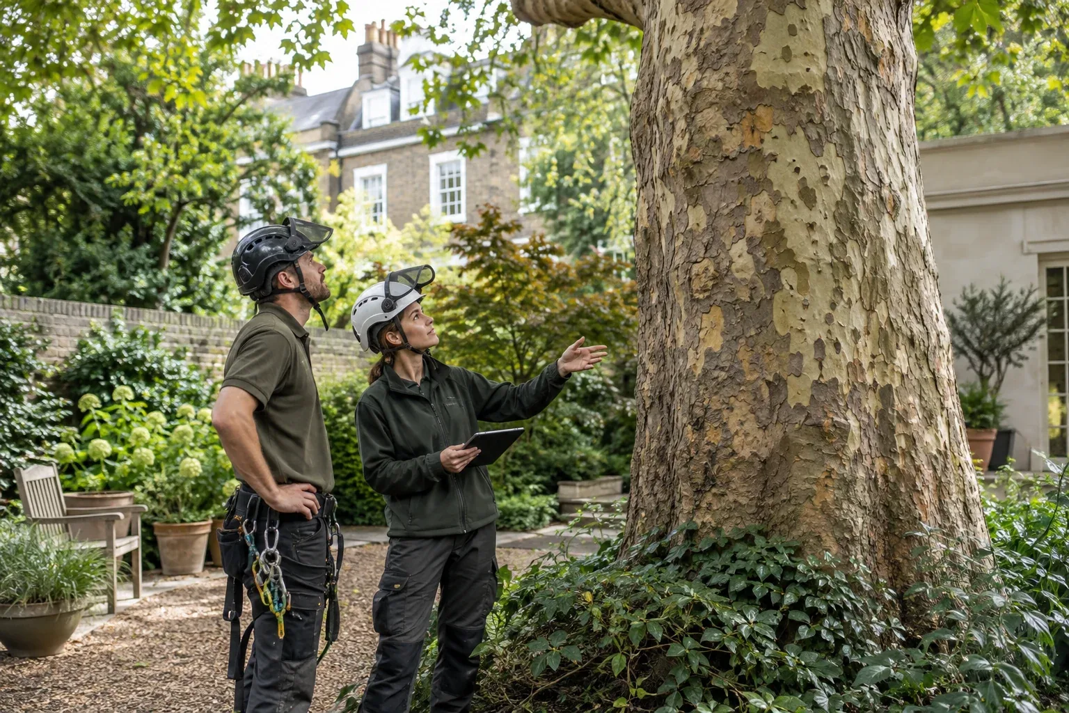 Arborists discussing the condition of a London plane tree
