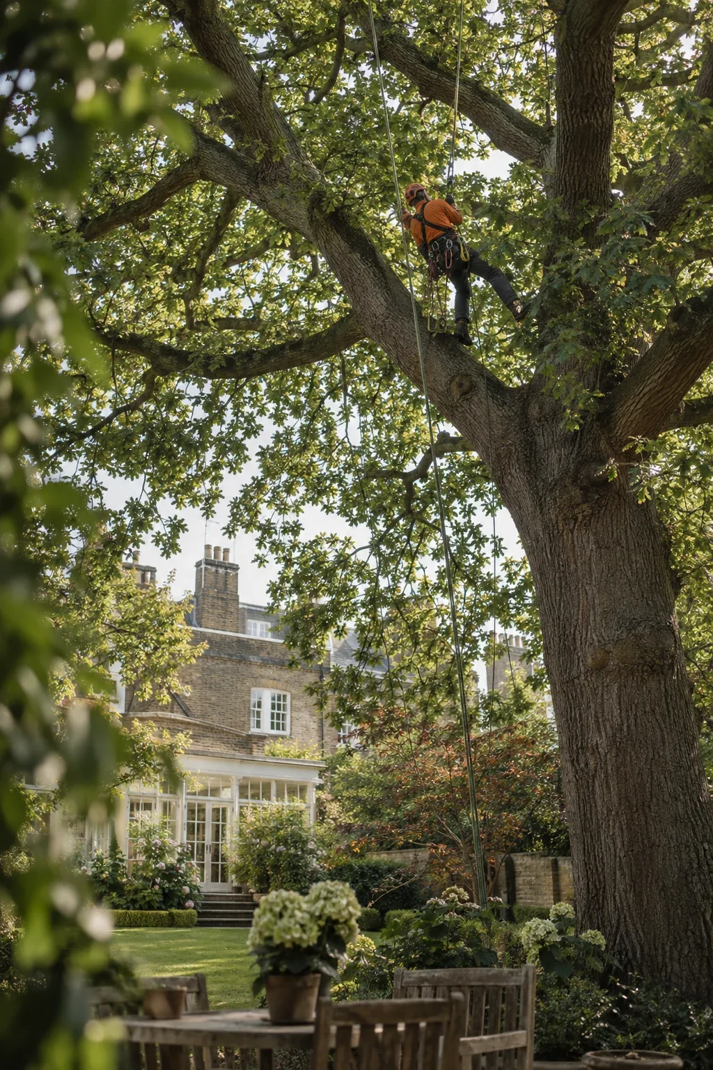Arborist secured on climbing ropes in a leafy canopy