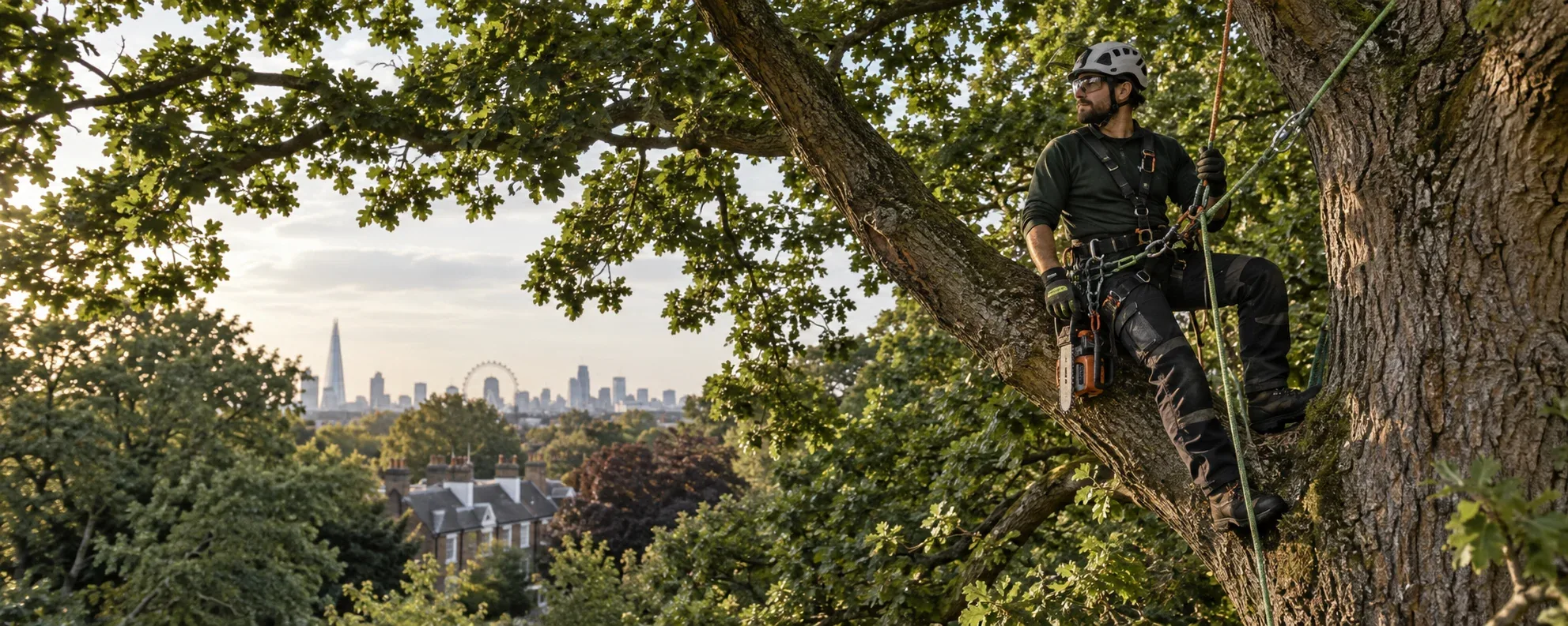 Roped arborist in a mature London garden tree
