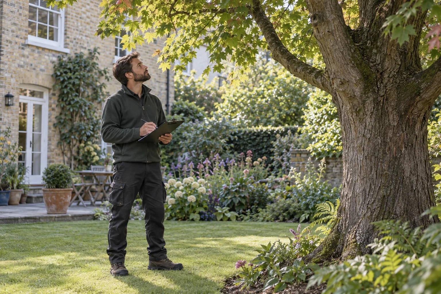 Arborist assessing a mature tree from ground level