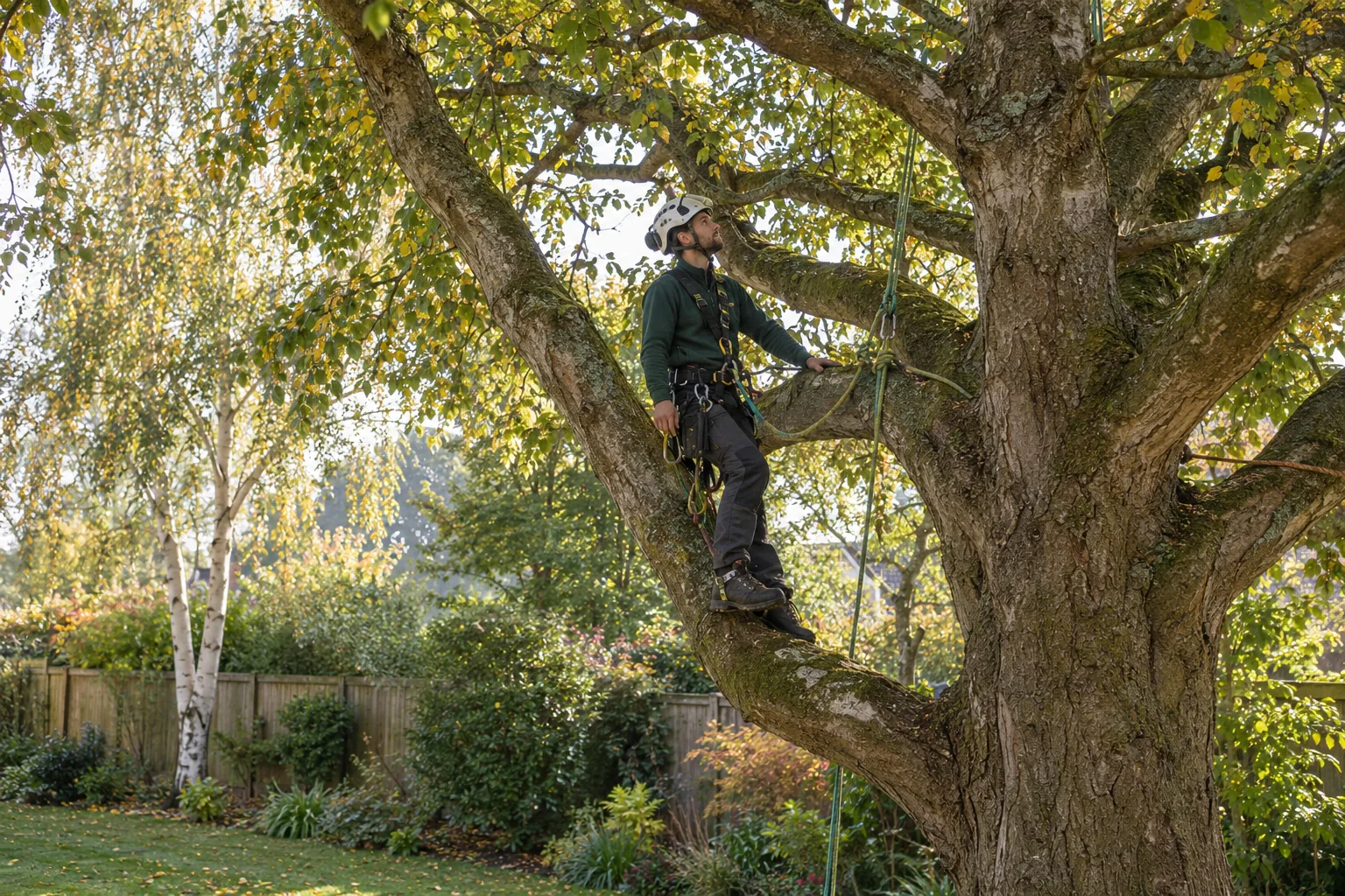 Roped arborist inspecting branching structure