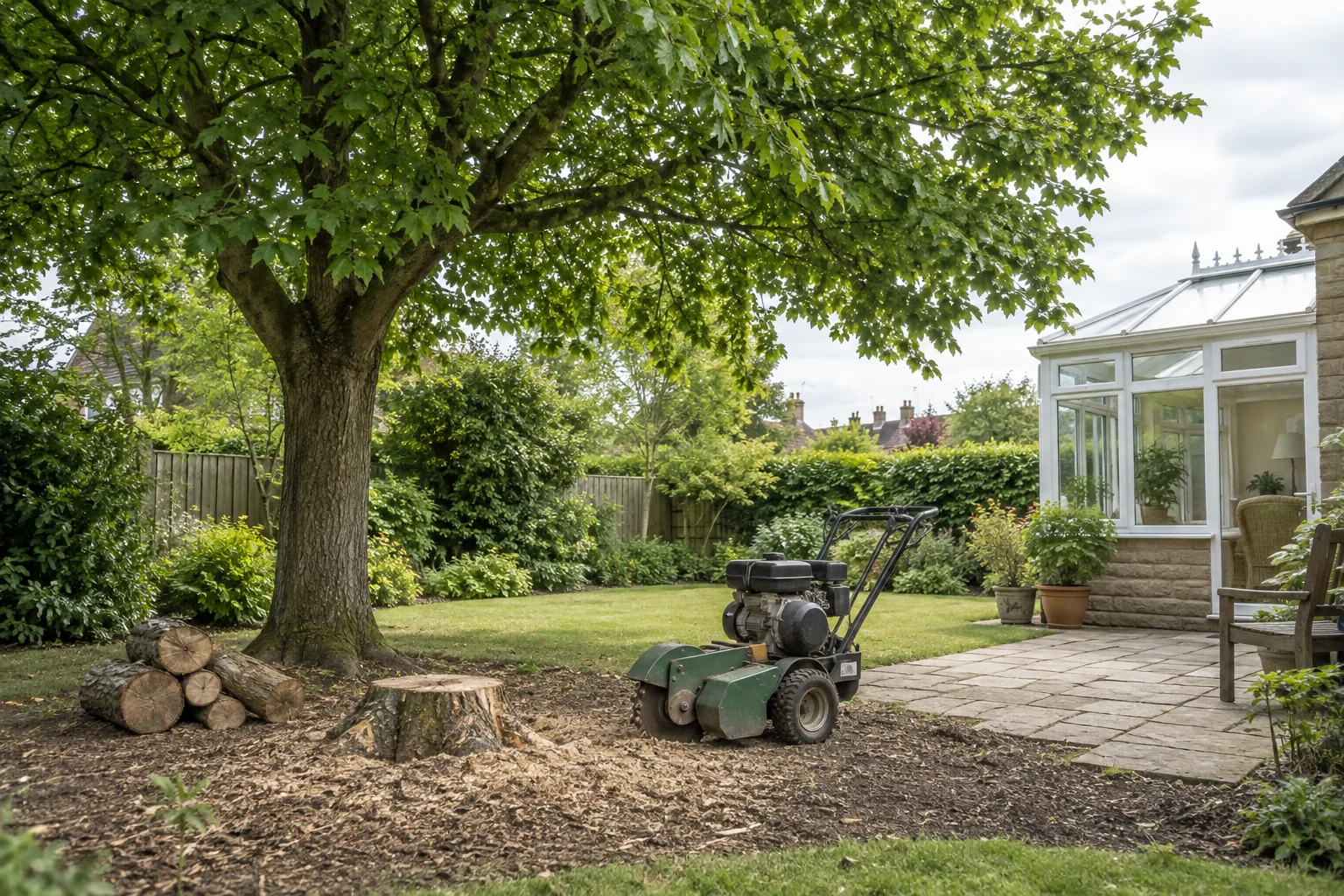 Stationary stump grinder beside a garden stump