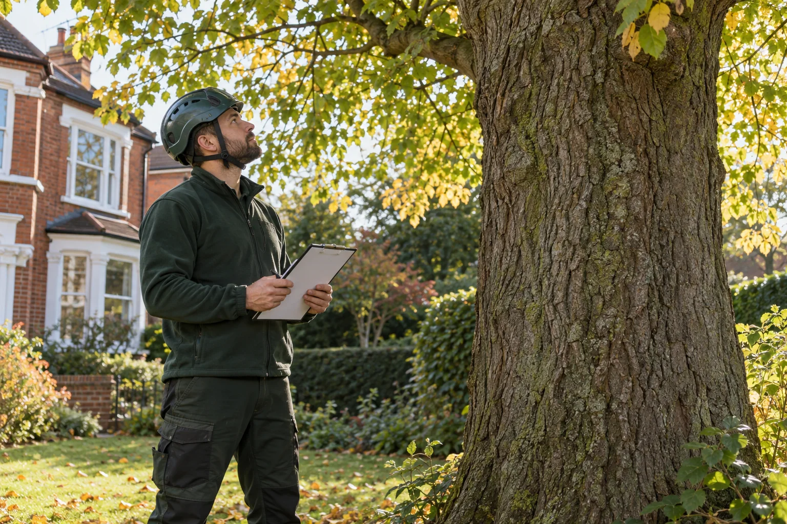 Arborist assessing a mature tree from ground level
