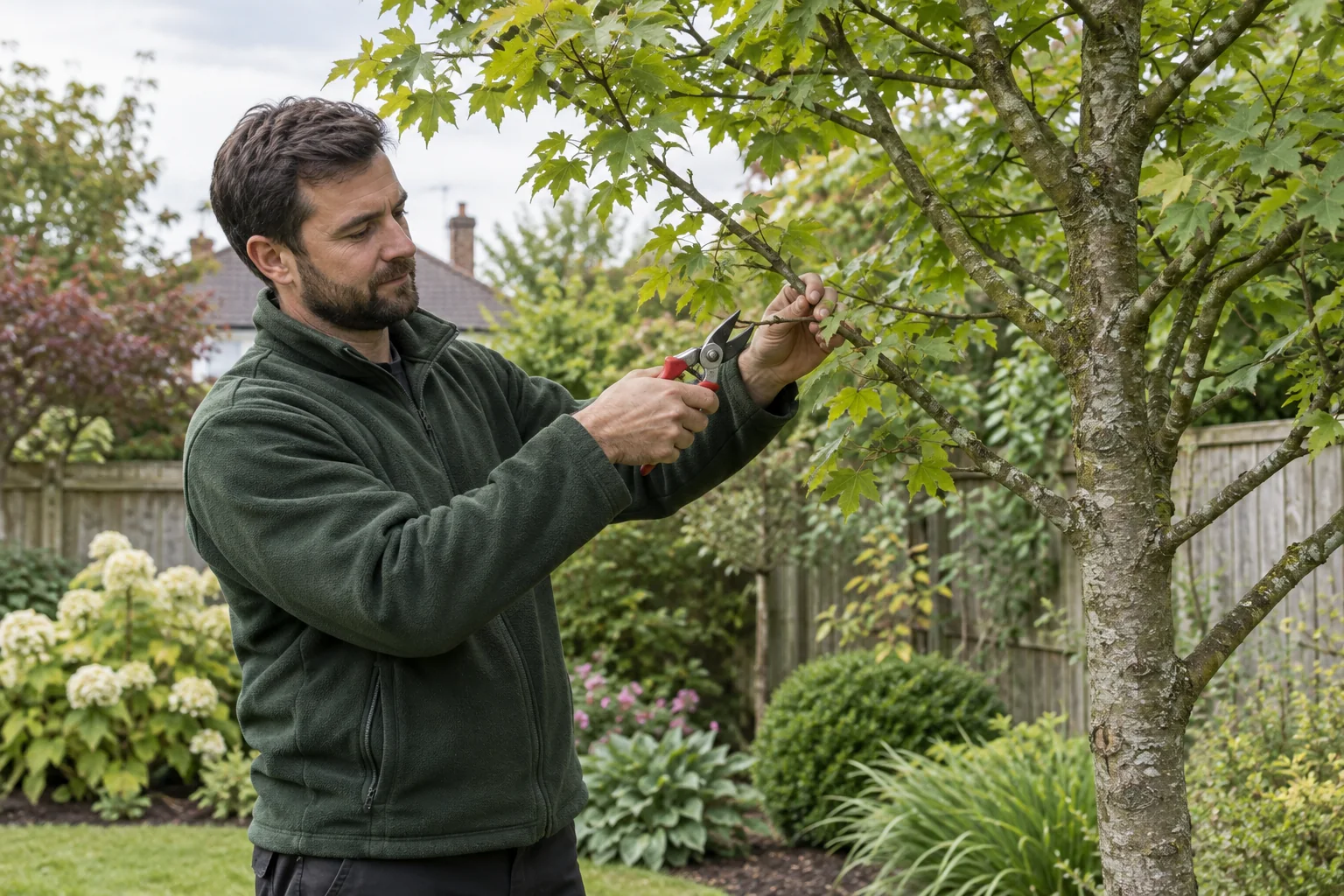 Careful pruning of a garden tree branch