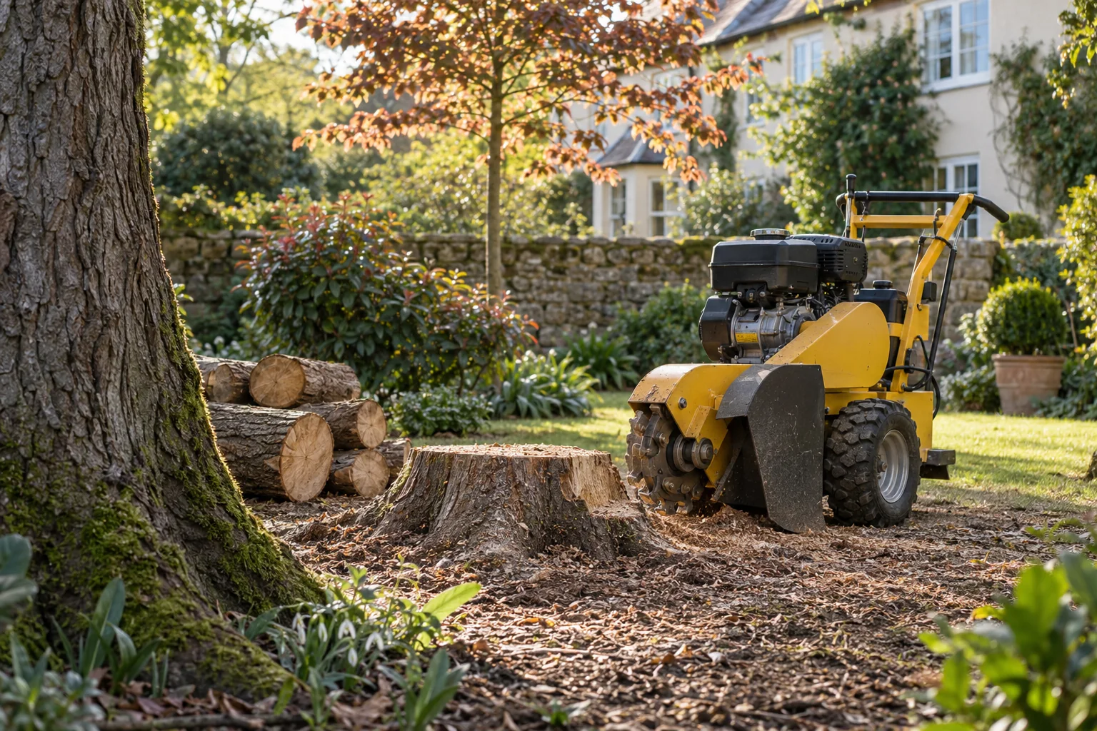 Stationary stump grinder beside a garden stump