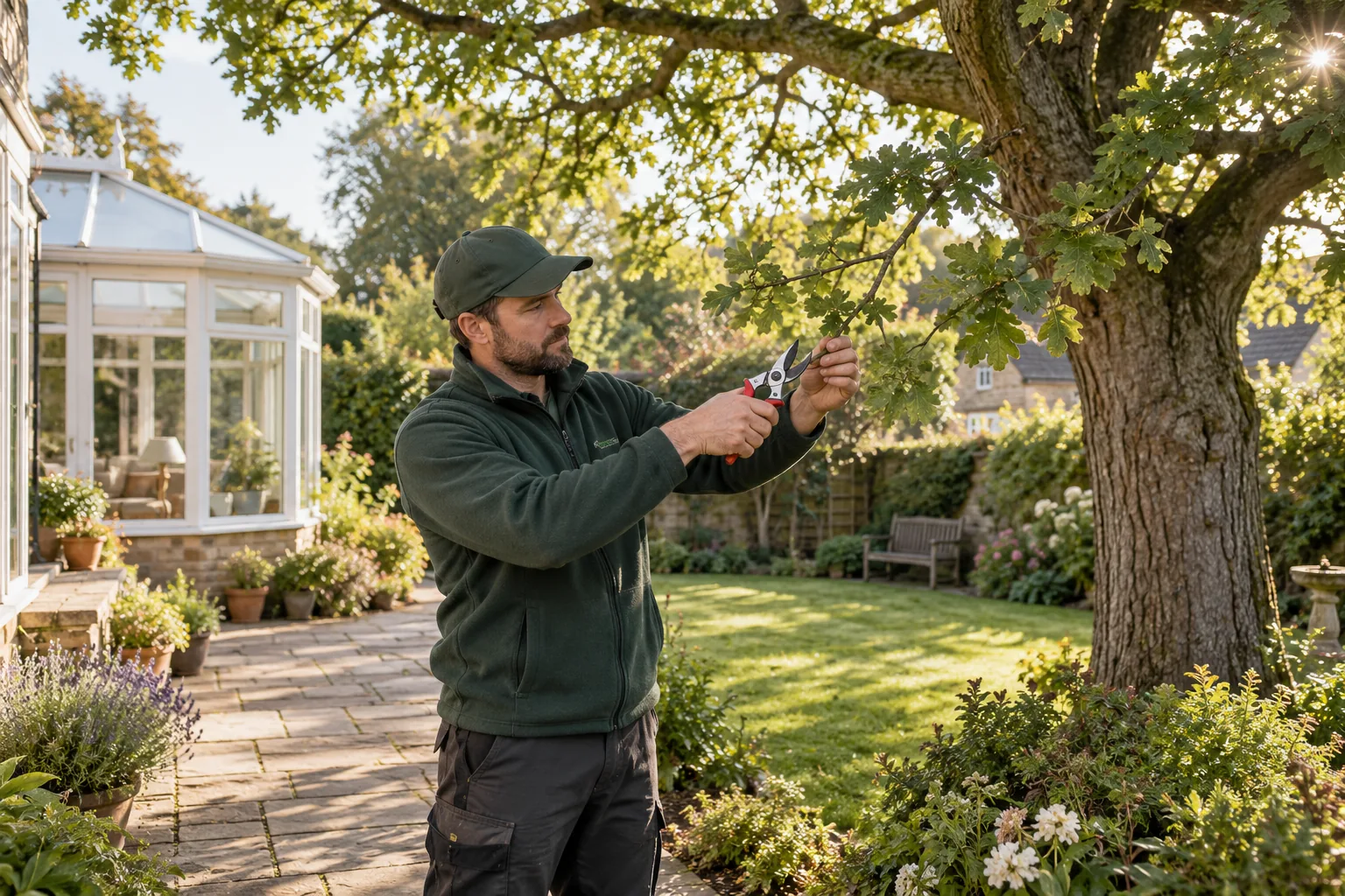 Careful pruning of a garden tree branch